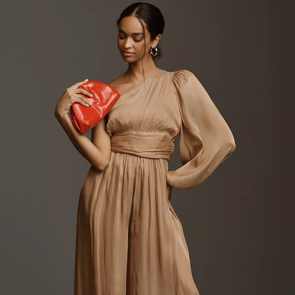 Anthropologie One-Shoulder Metallic Jumpsuit Size 10 Msrp$178.00